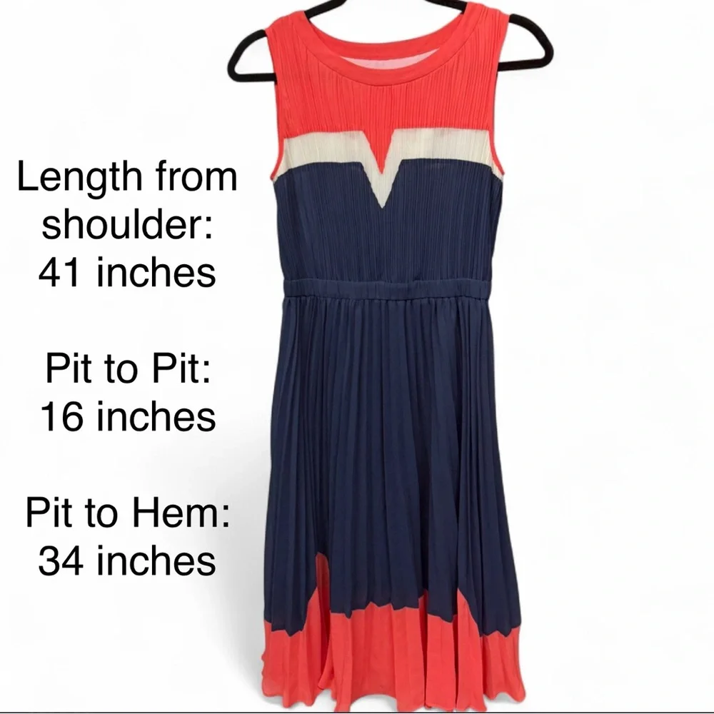Five Plus Colorblock Micro-Pleated Midi Dress Navy Coral Cream Size S - Picture 3 of 8